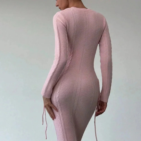 Pink Elegant Women's Warm Cinched Waist Knitted Dress - Picture 7 of 8